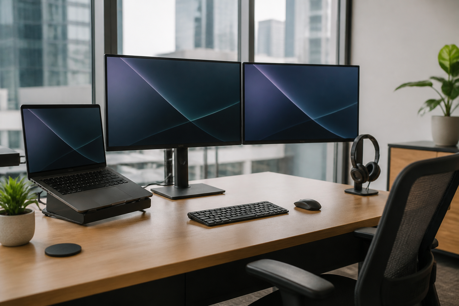 A fully configured office desk with laptop, docking station, dual monitors, keyboard, mouse and headset — ready to use