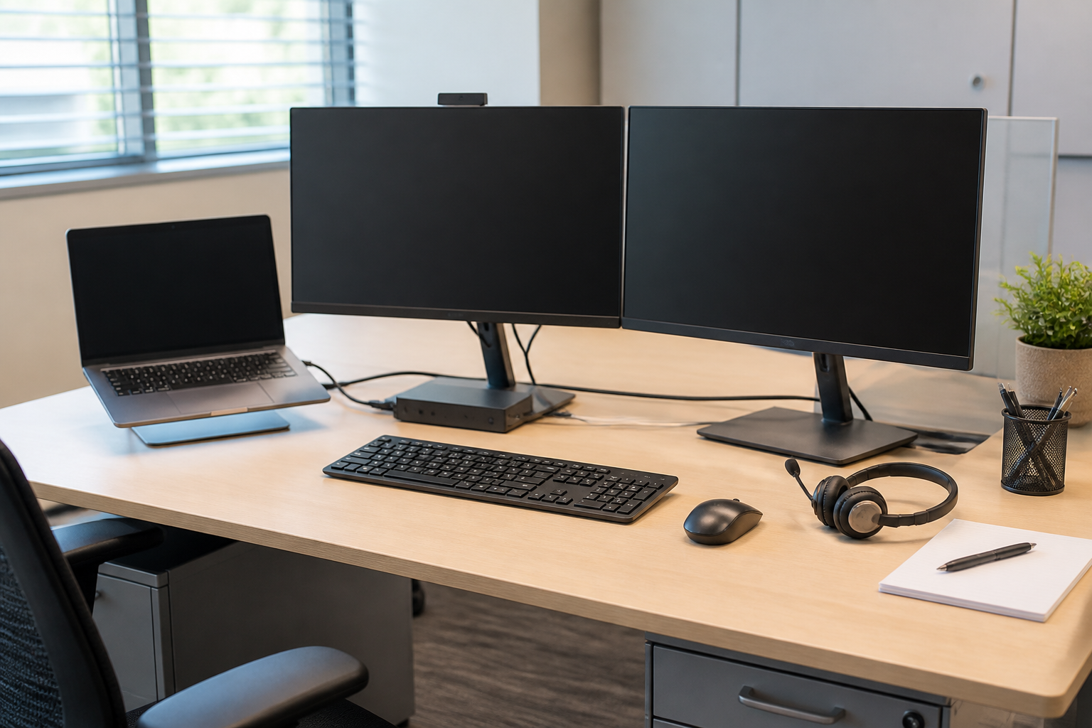 Single employee workstation with laptop, dock, dual monitors and headset — configured and ready